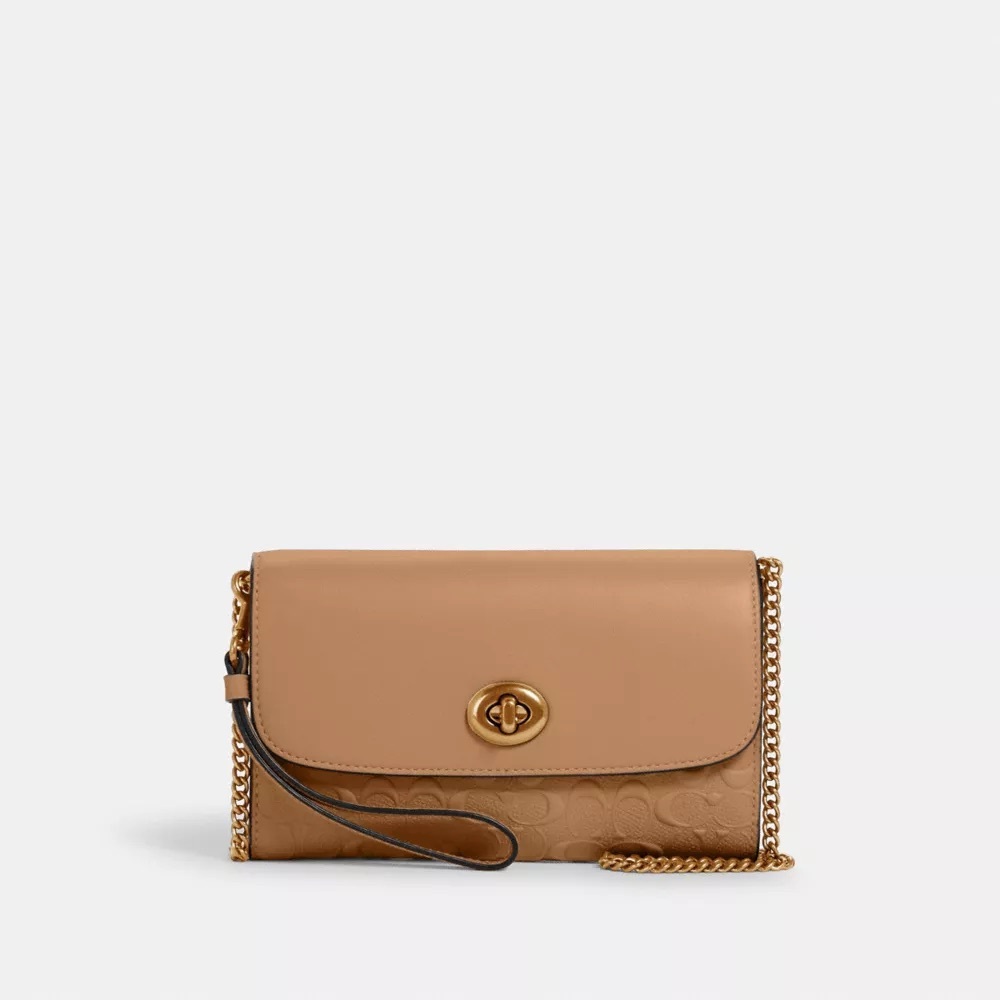 EUC Coach Signature Tan Crossbody in Leather Gold Accents and Burgundy Interior